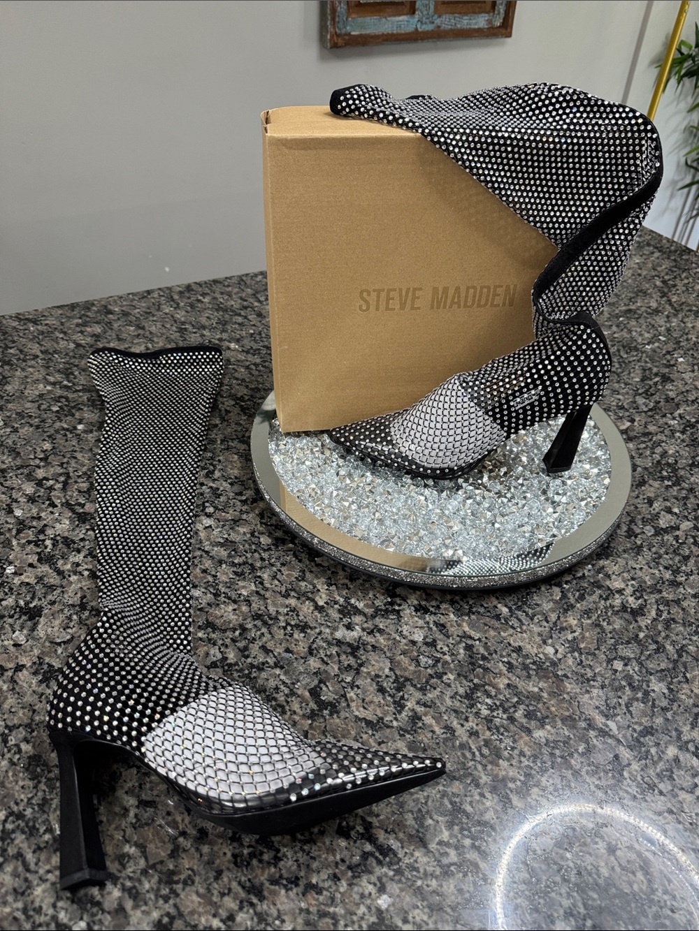 Steve Madden Black fishnet sock crystal Rhinestone Over-the-Knee Boots NEW